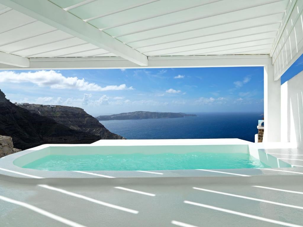 Vast views from undercover pool at Lilium Hotel on Santorini Island